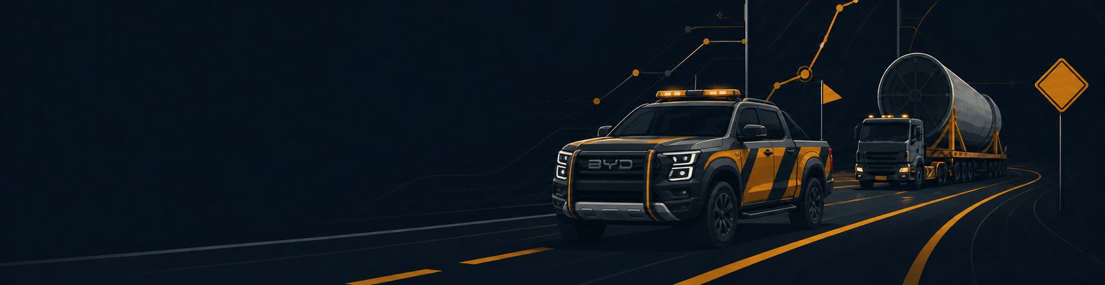 Pilot ute guiding an oversize transport movement at night